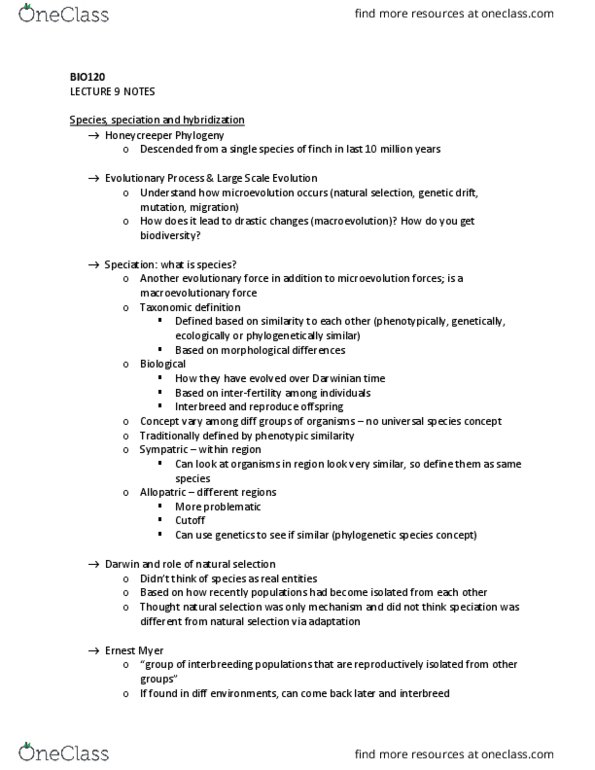 BIO120H1 Lecture Notes - Lecture 9: Species, Ecological Speciation, Species Problem thumbnail