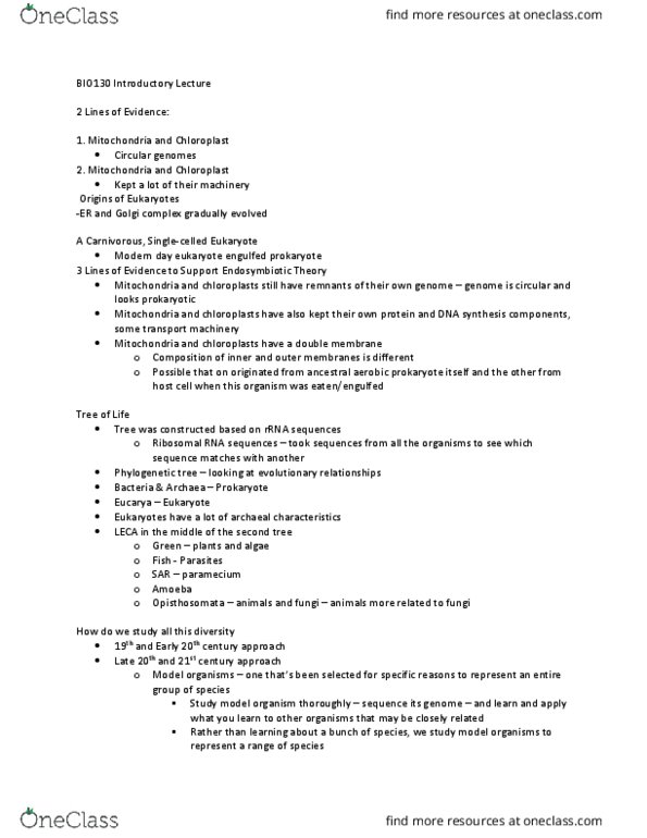 BIO130H1 Lecture Notes - Lecture 1: Phylogenetic Tree, Model Organism, Ribosomal Rna thumbnail