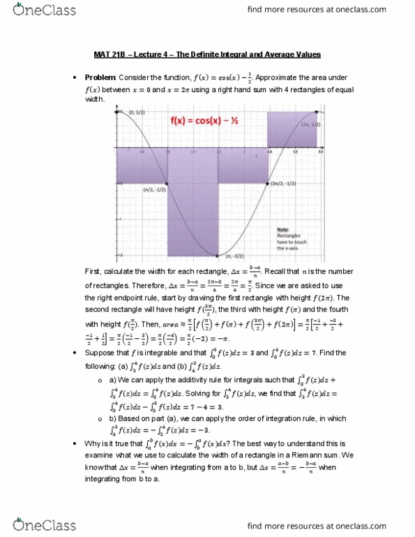 MAT 21B Lecture 4: MAT 21B – Lecture 4 – The Definite Integral and Average Values cover image