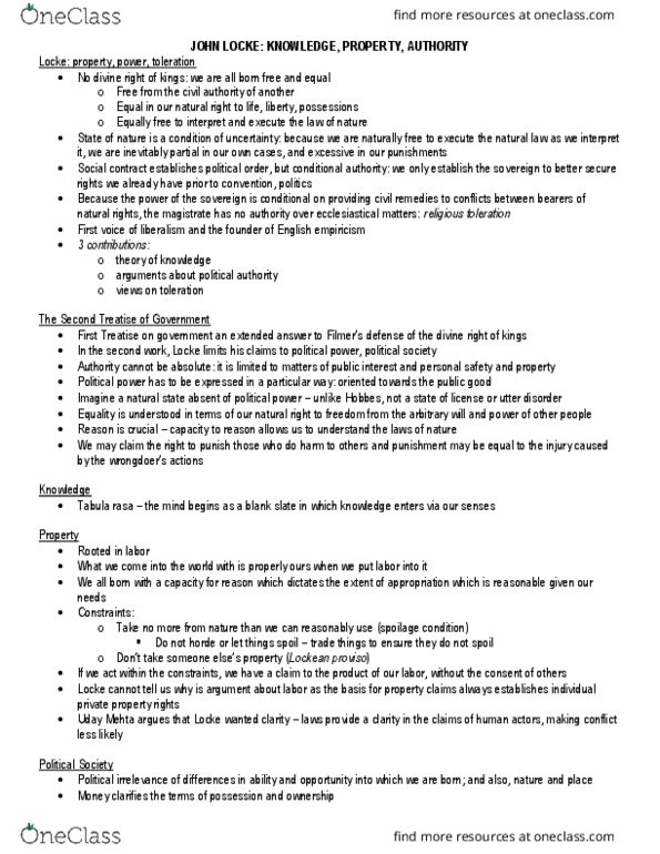 PO236 Lecture Notes - Lecture 2: Lockean Proviso, Tabula Rasa, Toleration thumbnail