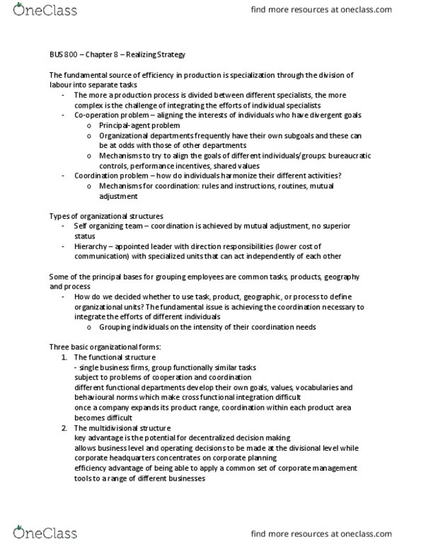 BUS 800 Chapter 8: BUS 800 – Chapter 8 – Realizing Strategy thumbnail