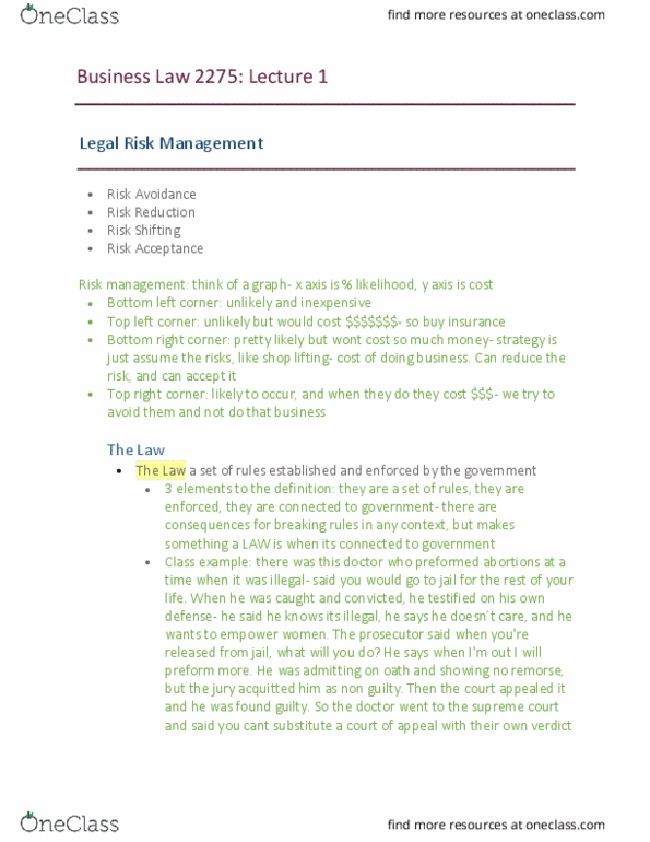 Management and Organizational Studies 2275A/B Lecture Notes - Lecture 1: Risk Management, Private Law, Public Law thumbnail