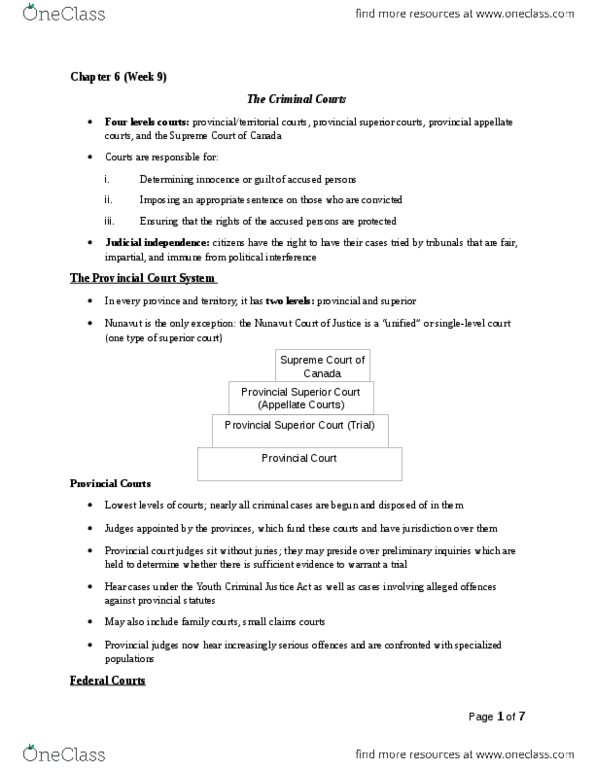 SOC209H5 Chapter Notes - Chapter 6: Summary Offence, Adversarial System, Provincial And Territorial Courts In Canada thumbnail