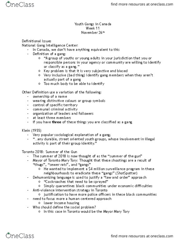 Sociology 2267A/B Lecture Notes - Lecture 11: National Gang Intelligence Center, Gang, Thrasher thumbnail