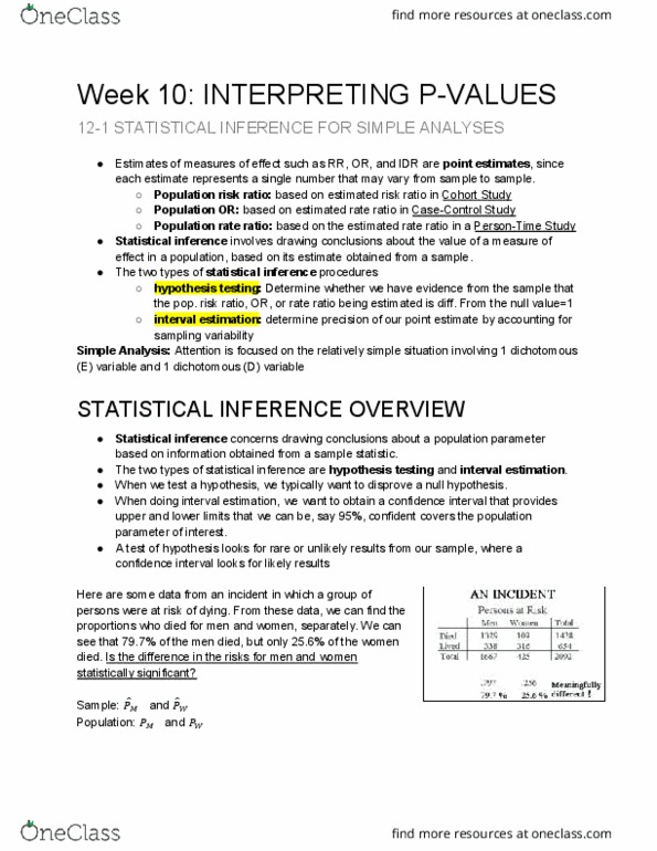 HSCI 330 Lecture Notes - Lecture 10: Relative Risk, Confidence Interval, Interval Estimation thumbnail