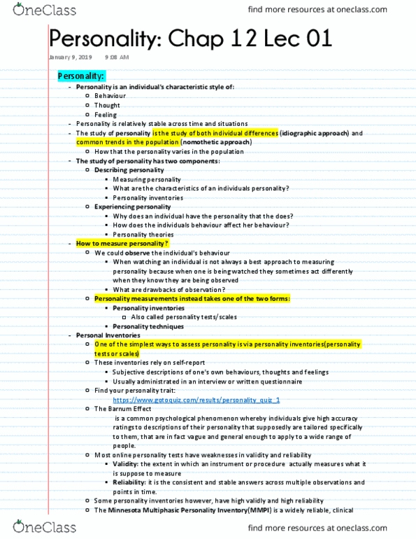 PSYA02H3 Lecture 1: Personality: Chap 12 Lec 01 thumbnail