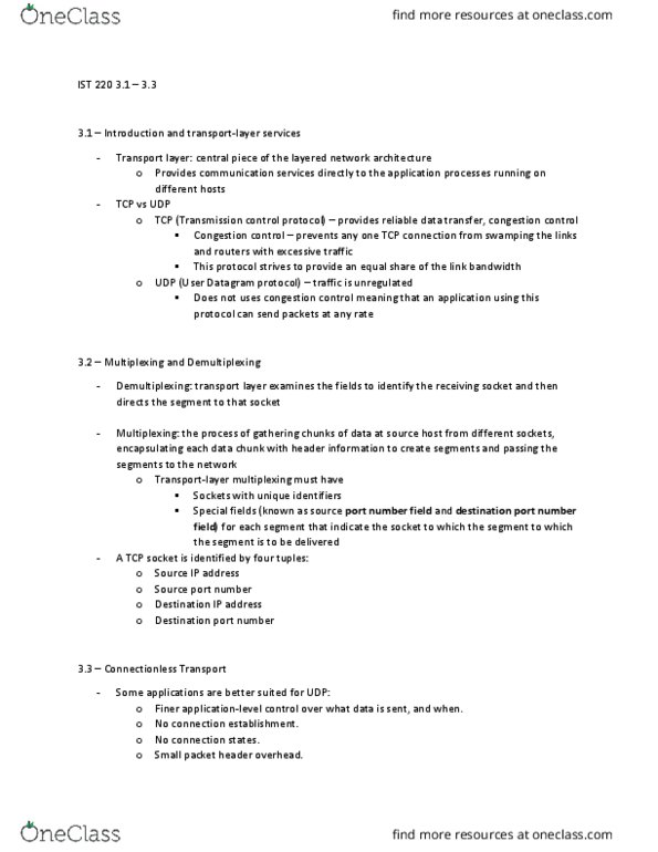 IST 220 Lecture Notes - Lecture 3: User Datagram Protocol, Transmission Control Protocol, Network Congestion thumbnail