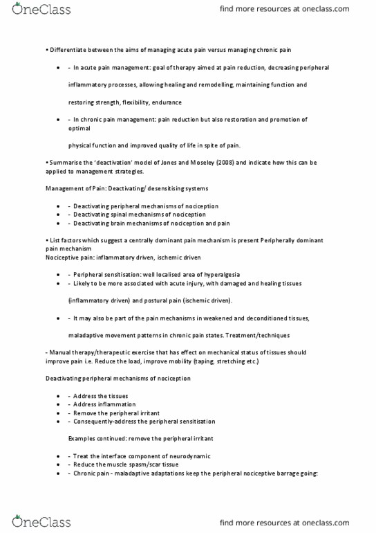 PHTY209 Lecture Notes - Lecture 12: Chronic Pain, Pain Management, Hyperalgesia thumbnail