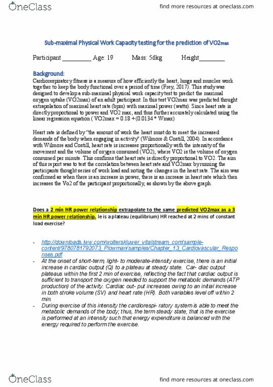 PHTY209 Lecture Notes - Lecture 3: Vo2 Max, Cardiorespiratory Fitness, Extrapolation thumbnail