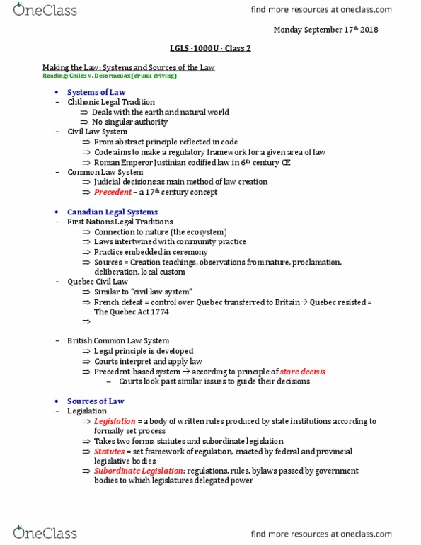 LGLS 1000U Lecture Notes - Lecture 2: Primary And Secondary Legislation, Quebec Act, Ratio Decidendi thumbnail