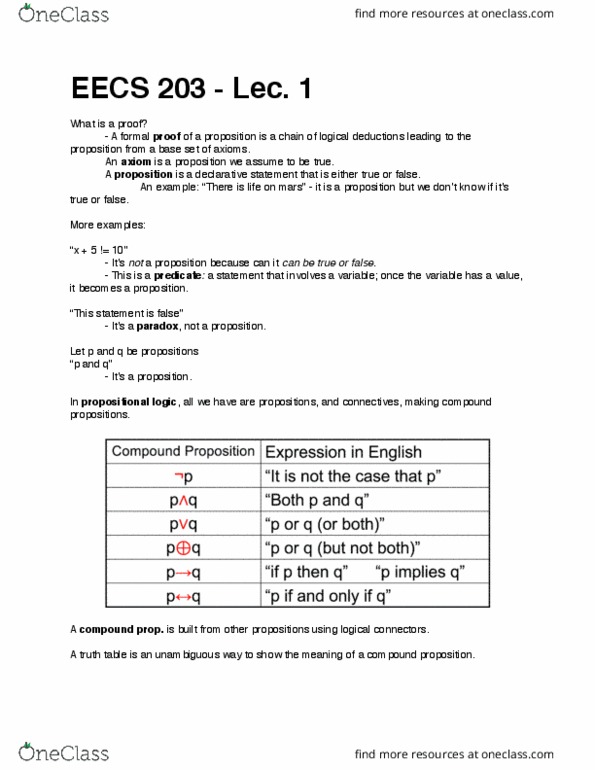 EECS 203 Lecture Notes - Lecture 1: Propositional Calculus thumbnail