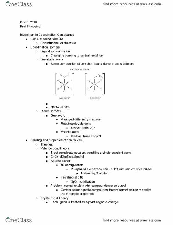 CHEM 110 Lecture Notes - Lecture 35: Crystal Field Theory, Valence Bond Theory, Coordinate Covalent Bond thumbnail