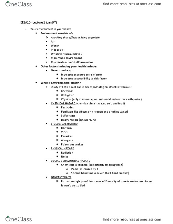 EESA10H3 Lecture Notes - Lecture 1: Passive Smoking, Venomous Snake, Environmental Health thumbnail