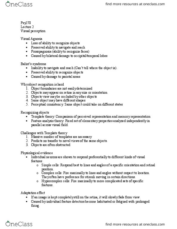 PSY270H5 Lecture Notes - Lecture 2: Prosopagnosia, Simple Cell, Visual Perception thumbnail