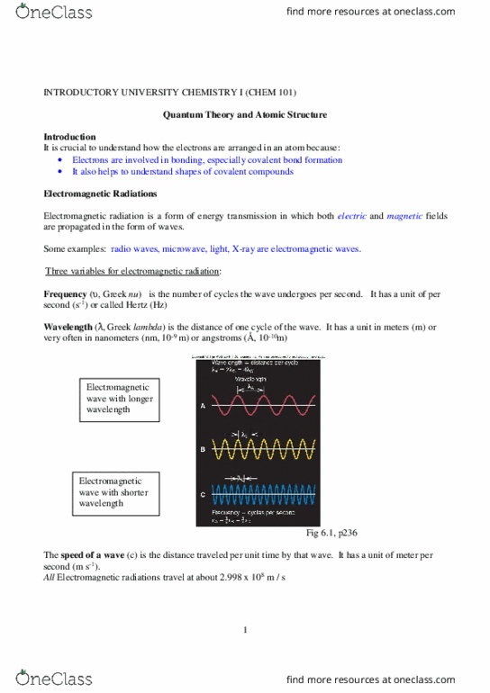 CHEM101 Lecture Notes - Lecture 3: Electromagnetic Radiation, Covalent Bond thumbnail