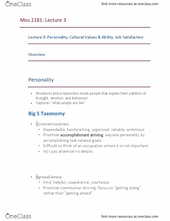 Management and Organizational Studies 2181A/B Lecture Notes - Lecture 3: Conscientiousness, Positive Affectivity, Type A And Type B Personality Theory thumbnail