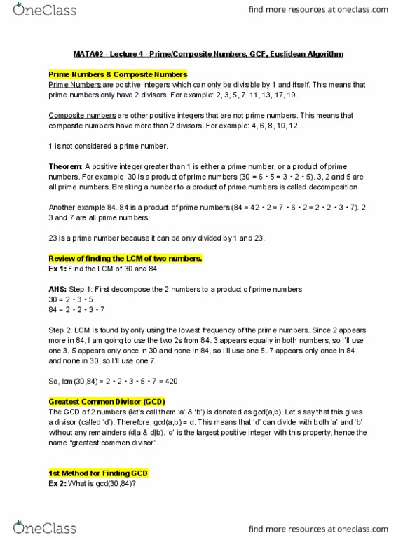 MATA02H3 Lecture 4: Prime/Composite Numbers, GCF, Euclidean Algorithm cover image