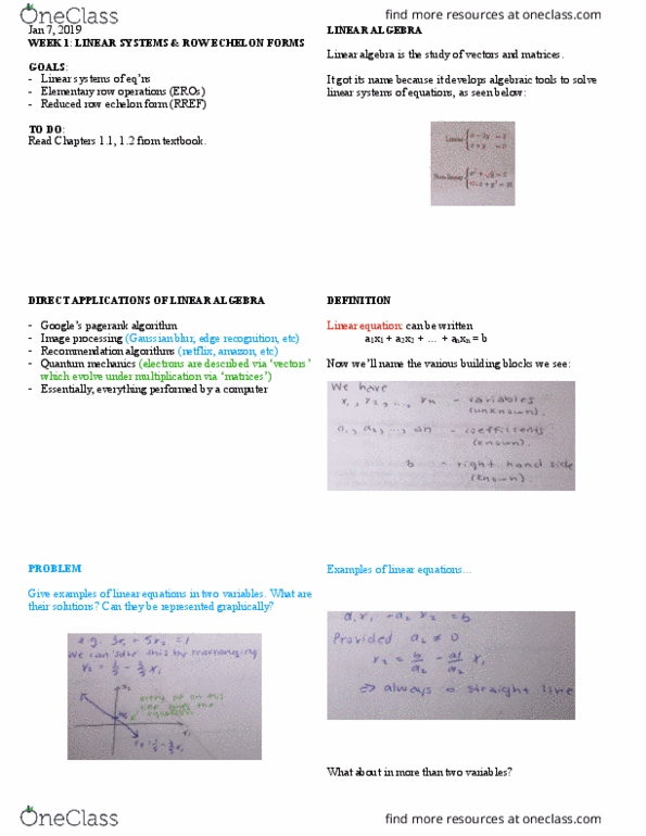 MATH 112 Lecture 1: linear algebra, applications, linear equation, examples, linear system, solution set, consistency, introduction to matrices cover image