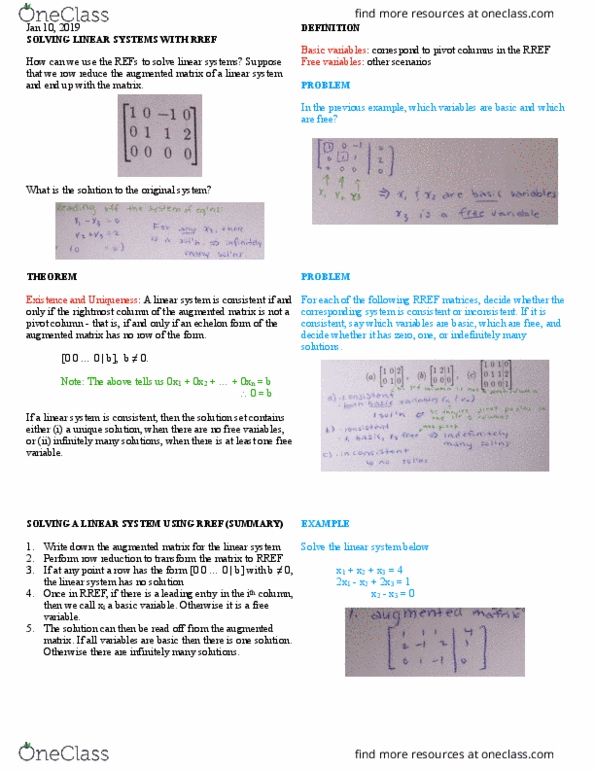 MATH 112 Lecture 3: solving linear systems with reduced row echelon form, basic and free variables, existence and uniqueness theorem, examples, summary cover image