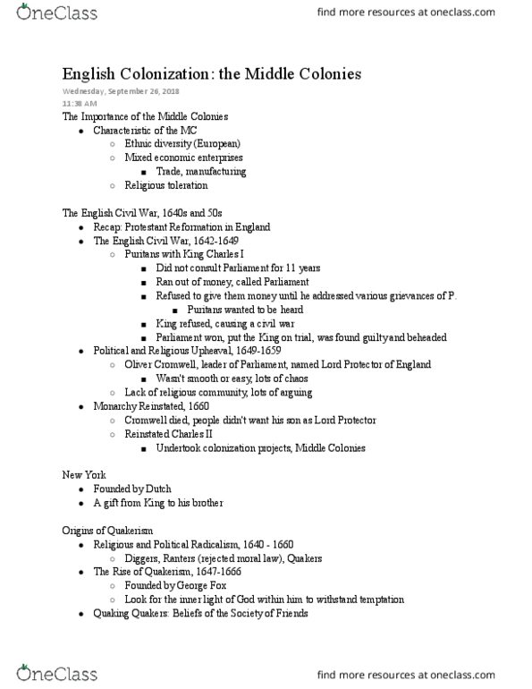 HIS 315K Lecture 25: English Colonization: the Middle Colonies Lecture Notes thumbnail