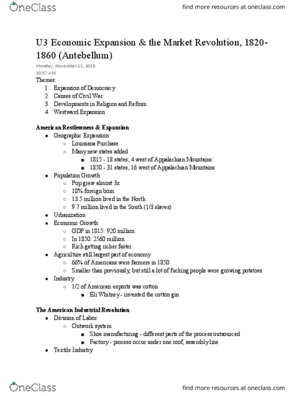 HIS 315K Lecture Notes - Lecture 30: Cotton Gin, United States Territorial Acquisitions, Interchangeable Parts thumbnail