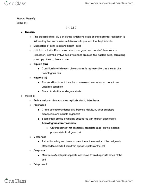 MMG 141 Chapter Notes - Chapter 2: Nuclear Membrane, Meiosis, Telophase thumbnail