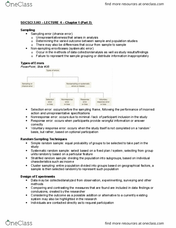 SOCSCI 2J03 Lecture Notes - Lecture 4: Simple Random Sample, Errors And Residuals, Sampling Error thumbnail