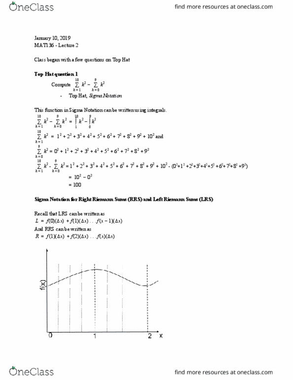 MAT136H1 Lecture Notes - Lecture 2: Riemann Sum cover image