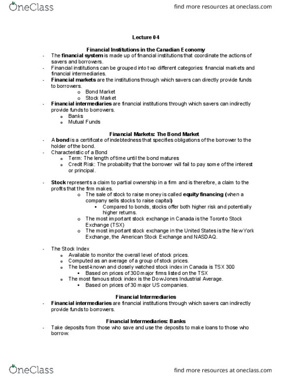 AUECO102 Lecture Notes - Lecture 4: Dow Jones Industrial Average, Nyse American, Mutual Fund thumbnail