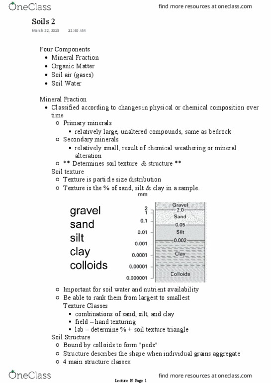 GEOG 1010 Lecture Notes - Lecture 19: Soil Texture, Mineral Alteration, Silt thumbnail