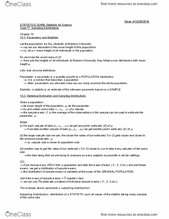 Statistical Sciences 2244A/B Lecture Notes - Lecture 1: Sampling Distribution, Point Estimation, Standard Deviation thumbnail