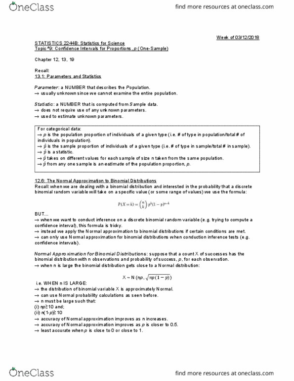 Statistical Sciences 2244A/B Lecture Notes - Lecture 3: Binomial Distribution, Confidence Interval, Statistical Parameter thumbnail