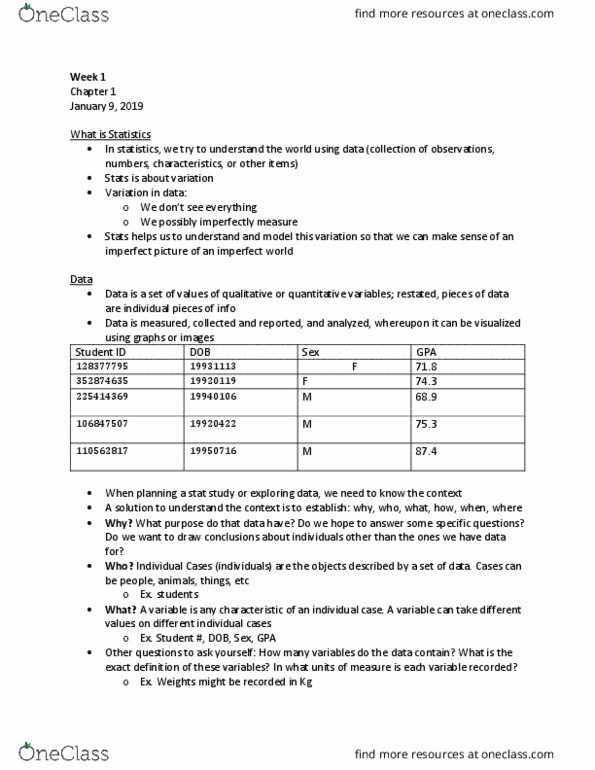 STAB22H3 Lecture Notes - Lecture 1: Social Class, Level Of Measurement thumbnail