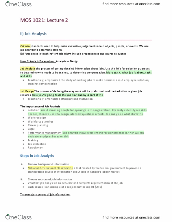 Management and Organizational Studies 1021A/B Lecture Notes - Lecture 2: Job Analysis, Job Evaluation, Performance Management thumbnail