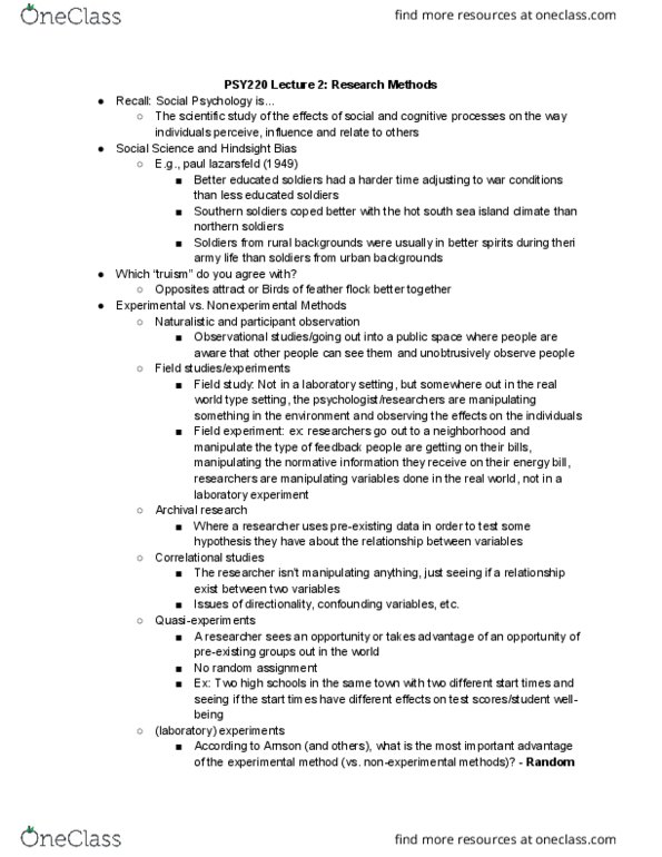 PSY220H1 Lecture Notes - Lecture 2: Paul Lazarsfeld, Truism, Field Experiment thumbnail