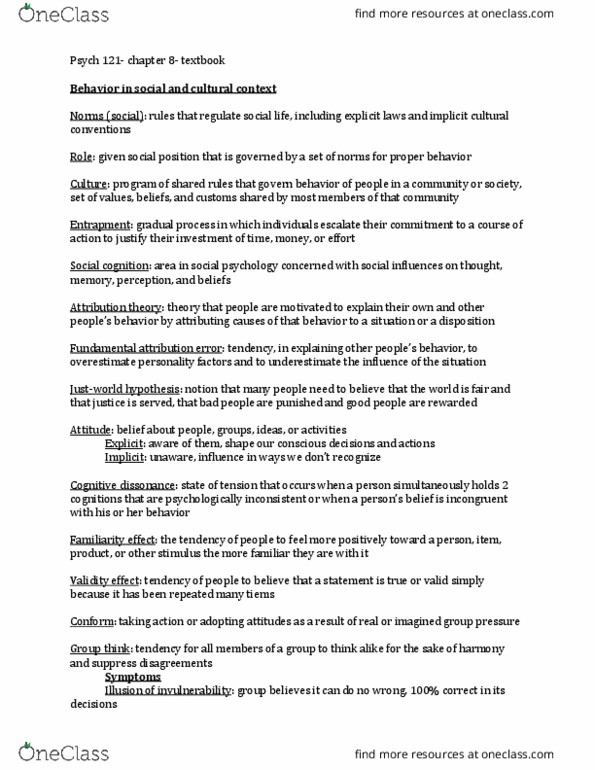 PSY 121 Chapter Notes - Chapter 8: Fundamental Attribution Error, Cognitive Dissonance, Social Cognition thumbnail