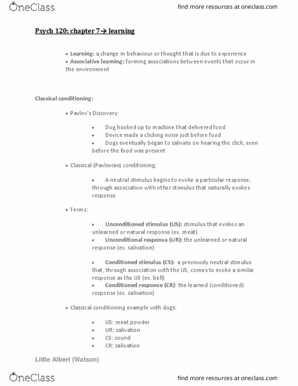 PSY 120 Lecture Notes - Lecture 7: Little Albert Experiment, Classical Conditioning, Learning thumbnail