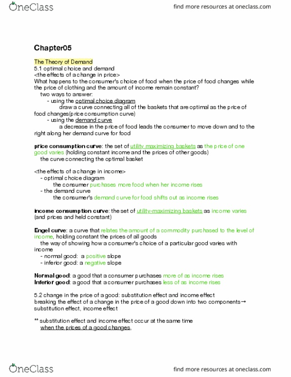 ECON 3070 Chapter Notes - Chapter 5: Engel Curve, Demand Curve, Inferior Good thumbnail