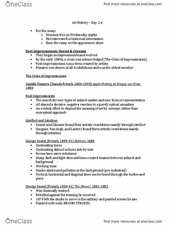 MPC 201 Lecture Notes - Lecture 4: Camille Pissarro, Georges Seurat, Paul Gauguin thumbnail