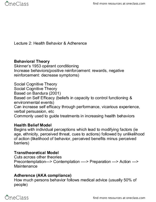 PSY 605 Lecture 2: Lecture 2 Health Behavior & Adherence thumbnail