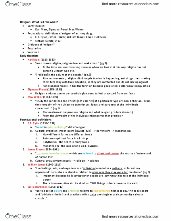 RELIGST 3AR3 Lecture Notes - Lecture 1: James George Frazer, Clifford Geertz, Sociocultural Evolution thumbnail