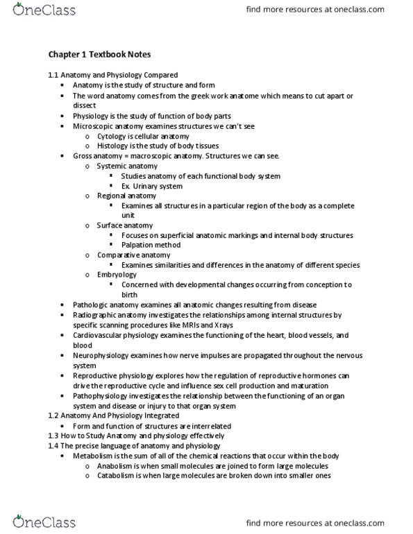 BIO 446L Chapter Notes - Chapter 1: Histology, Gross Anatomy, Comparative Anatomy thumbnail