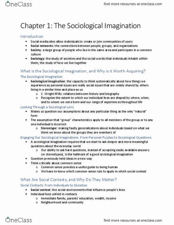 SOC 1300 Chapter Notes - Chapter 1: The Sociological Imagination, Auguste Comte, Social Dynamics thumbnail