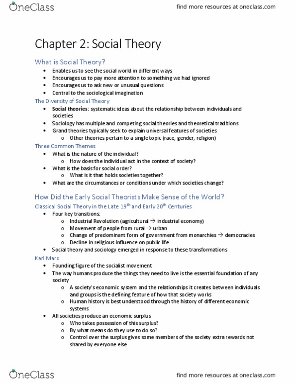 SOC 1300 Chapter Notes - Chapter 2: Social Theory, Economic Surplus, Social Revolution thumbnail