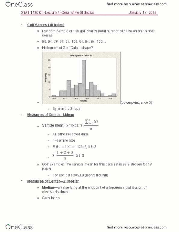 STAT 1430 Lecture Notes - Lecture 4: Frequency Distribution, Histogram, Standard Deviation cover image