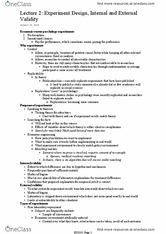 ECO331H1 Lecture Notes - Lecture 2: Internal Validity, Nash Equilibrium, Field Experiment thumbnail