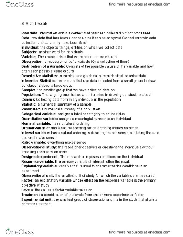 STA 215 Chapter Notes - Chapter 1: Dependent And Independent Variables, Categorical Variable, Descriptive Statistics thumbnail