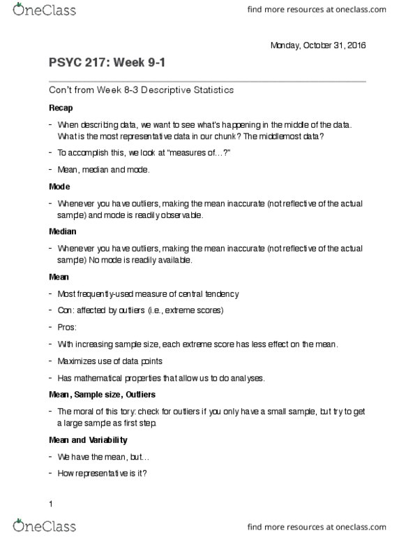 PSYC 217 Lecture Notes - Lecture 1: Sample Size Determination, Central Tendency, Squared Deviations From The Mean thumbnail