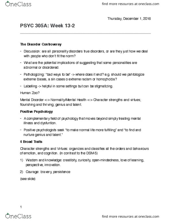 PSYC 305 Lecture Notes - Lecture 2: Positive Psychology, Personality Disorder, Dsm-5 thumbnail