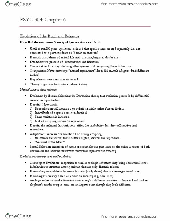 PSYC 304 Chapter Notes - Chapter 6: Ecological Niche, Common Descent, Natural Experiment thumbnail